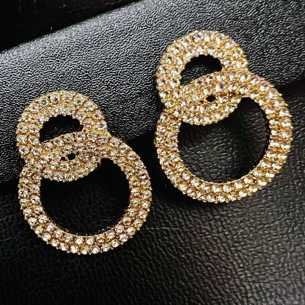 Vintage Rhinestone Pave Double Circle Clip On Earrings Geometric Gold NICE 4083